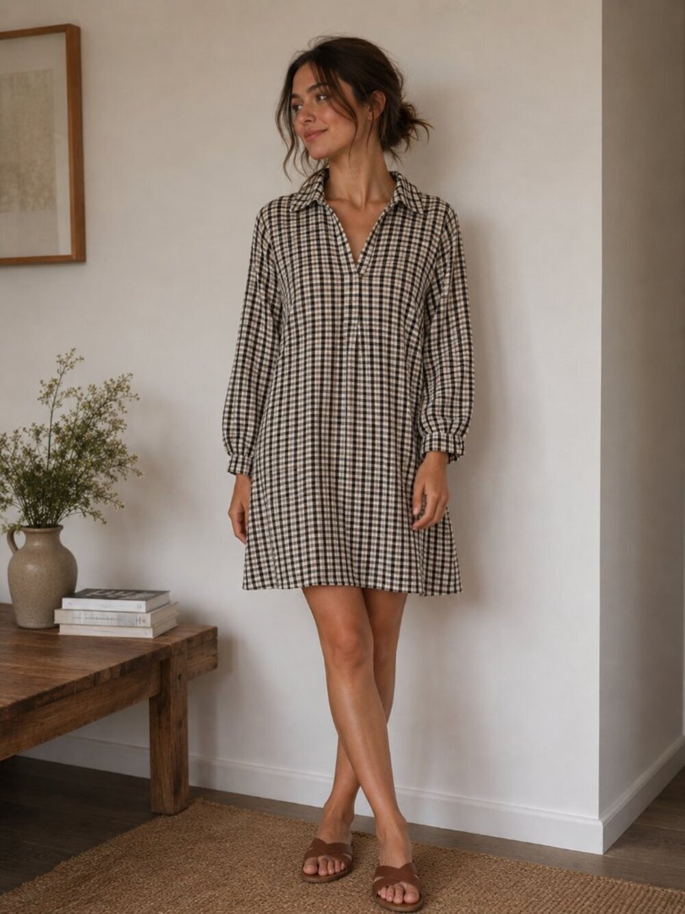 Zara Plaid Check Dress Long Sleeve Cotton Blend Size Large